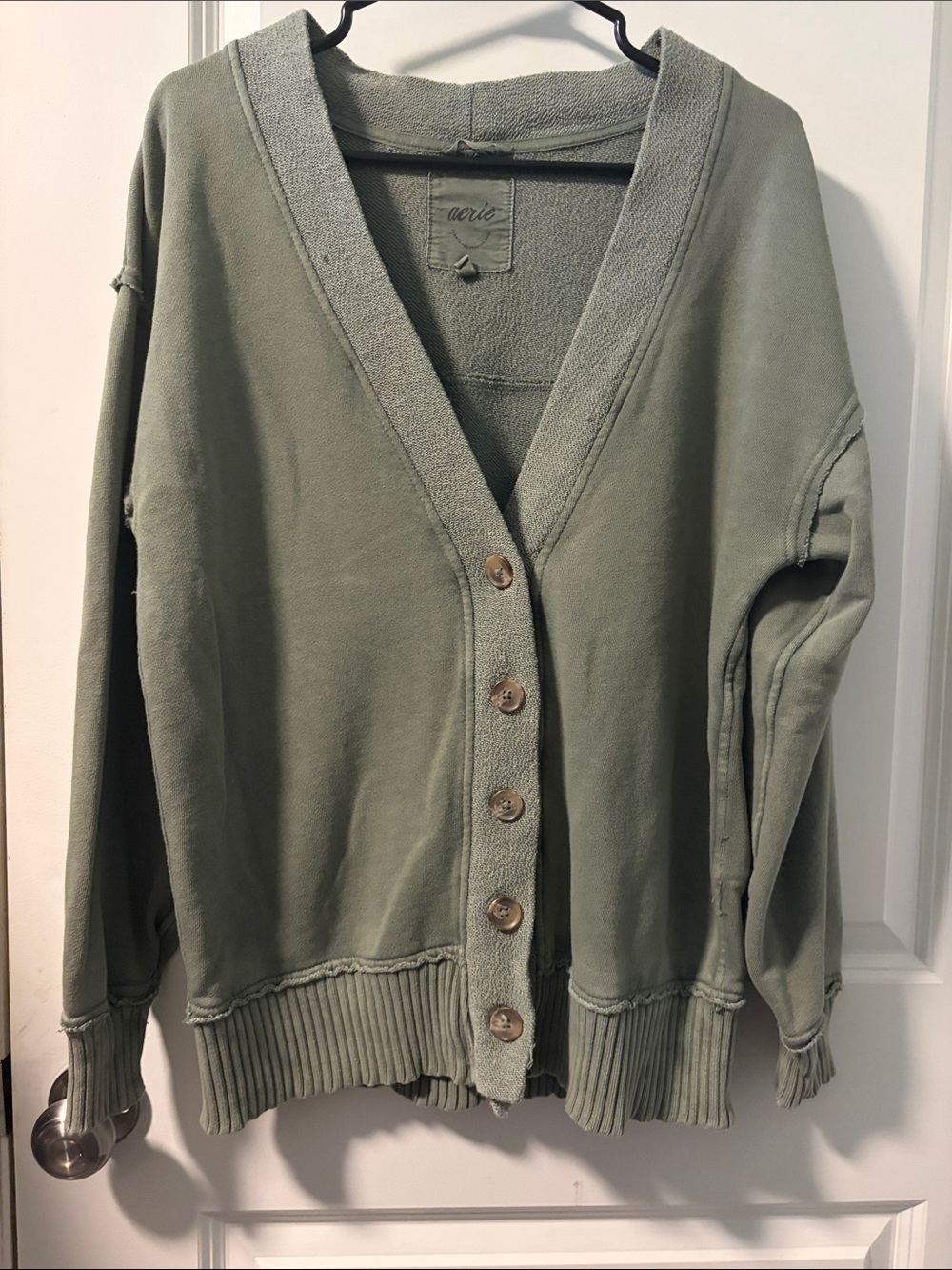 aerie Olive Sage Button-Front Slouchy V-Neck Cardigan